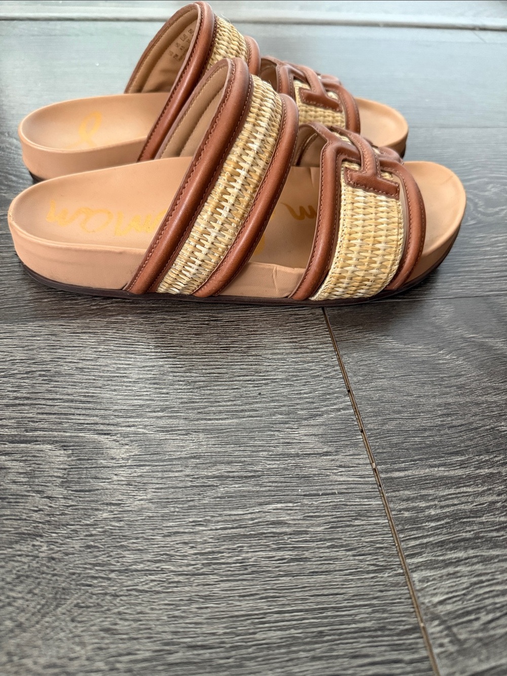 Sam Edelman Brown Raffia Double Strap Slide Sandals - Picture 3 of 5